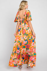 Orange Floral Flounce Sleeve Maxi Dress