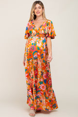 Orange Floral Flounce Sleeve Maternity Maxi Dress