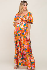 Orange Floral Flounce Sleeve Maternity Maxi Dress