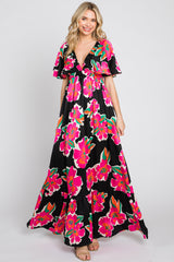 Black Floral Flounce Sleeve Maternity Maxi Dress