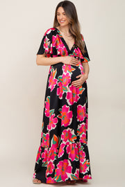 Black Floral Flounce Sleeve Maternity Maxi Dress