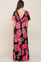 Black Floral Flounce Sleeve Maternity Maxi Dress