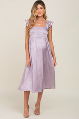 Lavender Satin Floral Square Neck Ruffle Strap Maternity Midi Dress