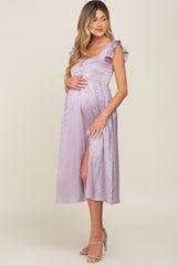 Lavender Satin Floral Square Neck Ruffle Strap Maternity Midi Dress