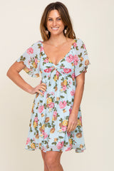 Light Blue Floral Chiffon Sweetheart Neck Maternity Dress