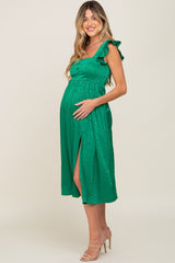 Green Satin Floral Square Neck Ruffle Strap Maternity Midi Dress