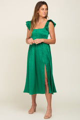 Green Satin Floral Square Neck Ruffle Strap Midi Dress