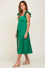 Green Satin Floral Square Neck Ruffle Strap Midi Dress