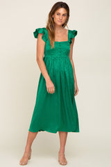 Green Satin Floral Square Neck Ruffle Strap Midi Dress