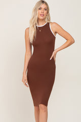 Camel Color Block Racerback Fitted Maternity Midi Dress