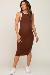 Camel Color Block Racerback Fitted Maternity Midi Dress