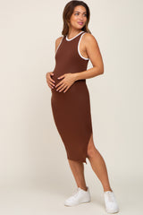 Camel Color Block Racerback Fitted Maternity Midi Dress