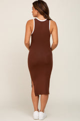 Camel Color Block Racerback Fitted Maternity Midi Dress