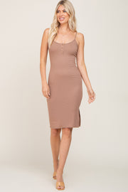 Taupe Ribbed Button Midi Dress