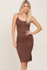 Brown Ribbed Button Maternity Midi Dress