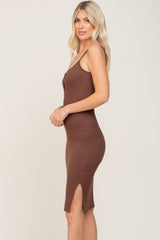 Brown Ribbed Button Midi Dress