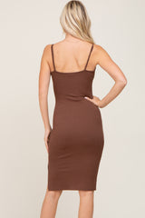 Brown Ribbed Button Midi Dress