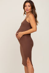 Brown Ribbed Button Maternity Midi Dress