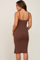 Brown Ribbed Button Maternity Midi Dress