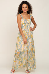 Sage Yellow Floral Ruffle Shimmer Maternity Maxi Dress