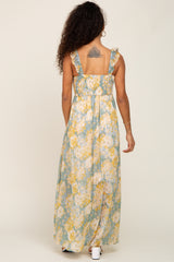 Sage Yellow Floral Ruffle Shimmer Maxi Dress