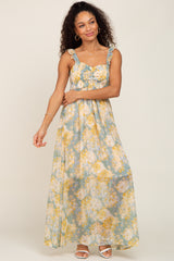 Sage Yellow Floral Ruffle Shimmer Maxi Dress