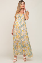 Sage Yellow Floral Ruffle Shimmer Maternity Maxi Dress