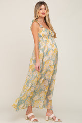 Sage Yellow Floral Ruffle Shimmer Maternity Maxi Dress