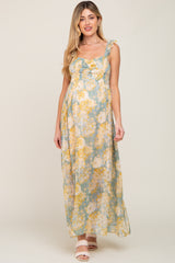 Sage Yellow Floral Ruffle Shimmer Maternity Maxi Dress