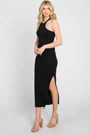 Black One Shoulder Cutout Side Slit Midi Dress