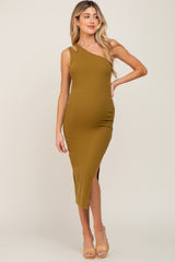 Olive One Shoulder Cutout Side Slit Maternity Midi Dress