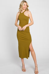 Olive One Shoulder Cutout Side Slit Maternity Midi Dress