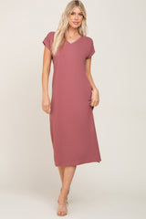 Mauve V-Neck Side Slit Maternity Midi Dress