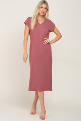 Mauve V-Neck Side Slit Midi Dress