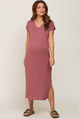 Mauve V-Neck Side Slit Maternity Midi Dress