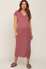 Mauve V-Neck Side Slit Maternity Midi Dress