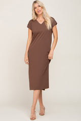 Brown V-Neck Side Slit Maternity Midi Dress