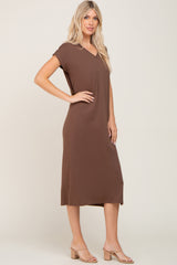 Brown V-Neck Side Slit Midi Dress