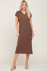 Brown V-Neck Side Slit Midi Dress