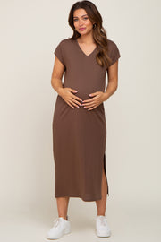 Brown V-Neck Side Slit Maternity Midi Dress