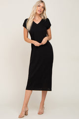 Black V-Neck Side Slit Maternity Midi Dress