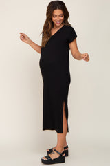 Black V-Neck Side Slit Maternity Midi Dress