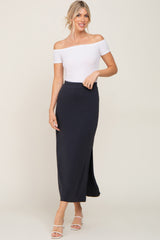 Navy Blue Ribbed Side Slit Maternity Midi Skirt