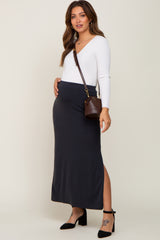 Navy Blue Ribbed Side Slit Maternity Midi Skirt