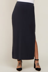 Navy Blue Ribbed Side Slit Maternity Midi Skirt