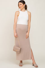 Mocha Ribbed Side Slit Maternity Midi Skirt