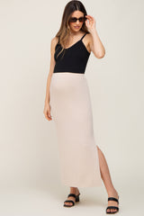 Cream Ribbed Side Slit Maternity Midi Skirt