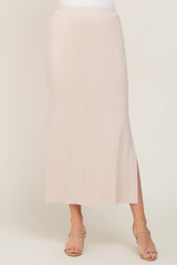 Cream Ribbed Side Slit Midi Skirt