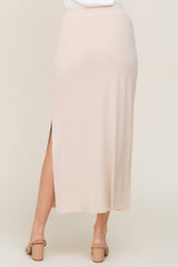 Cream Ribbed Side Slit Midi Skirt