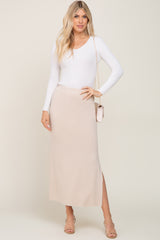 Cream Ribbed Side Slit Midi Skirt